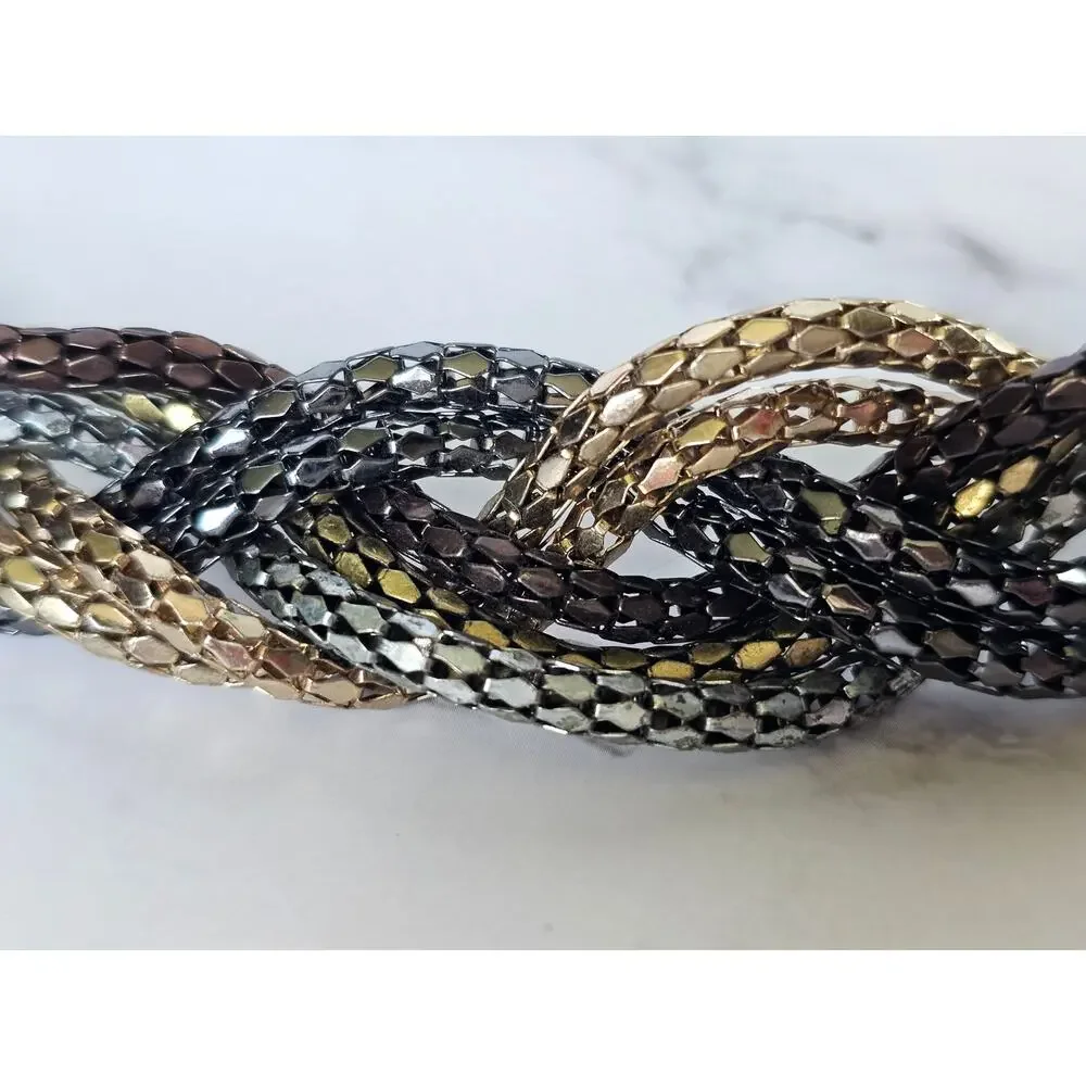 Vtg Herringbone Collar Necklace Tri Color Braided Metal 1980s
